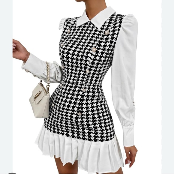Chic Houndstooth Dress with White Accents - Picture 1 of 4